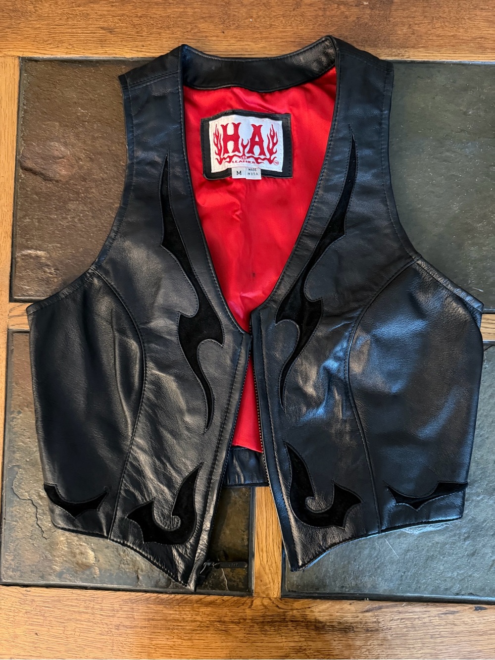Black Leather Flame Appliqué Vest with Red Lining